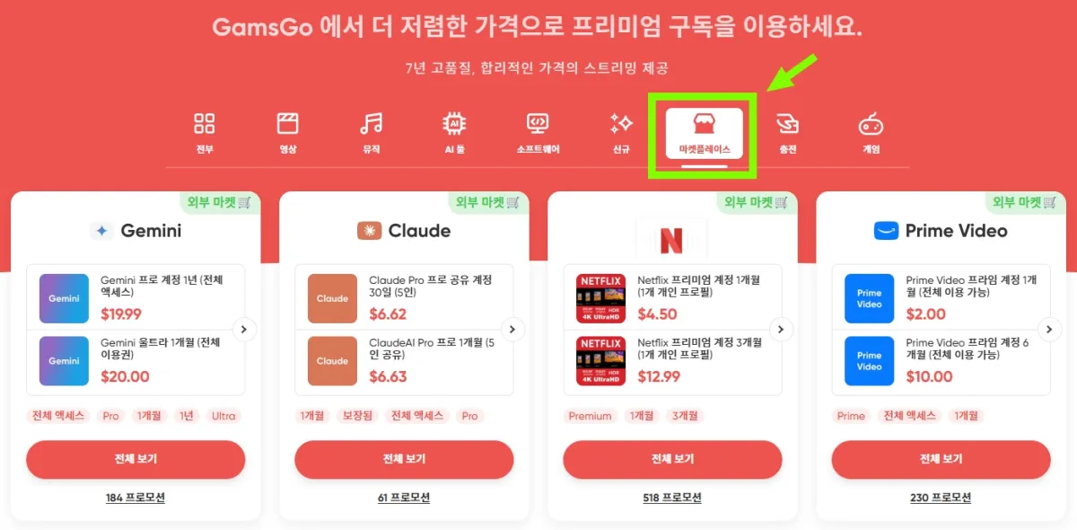 겜스고 메인페이지에서 마켓플레이스 메뉴 위치를 표시한 스크린샷 - 상단 내비게이션 또는 카테고리 영역에서 마켓플레이스로 진입할 수 있습니다