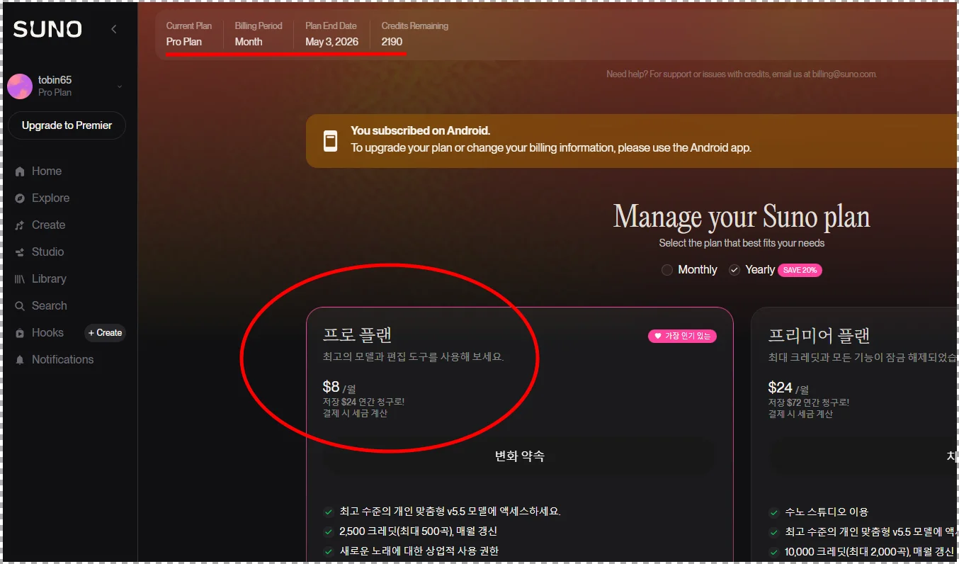 Pro 플랜 활성 확인 화면