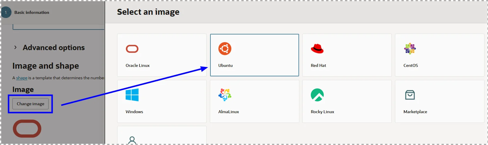 오라클 클라우드 인스턴스 OS 이미지 선택 화면 - Oracle Linux, Ubuntu, CentOS, Windows 등 8가지 운영체제 옵션