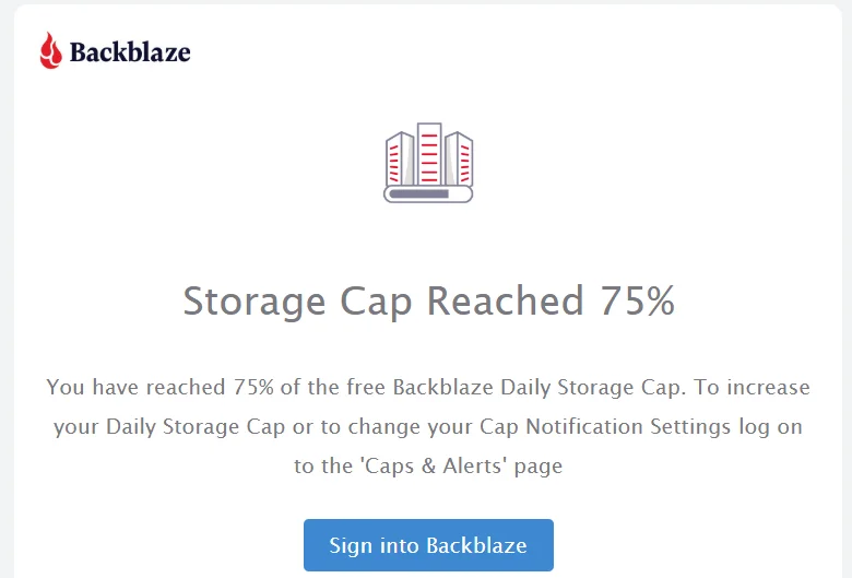 Backblaze로부터 저장 용량이 75%를 넘었다는 경고 메일