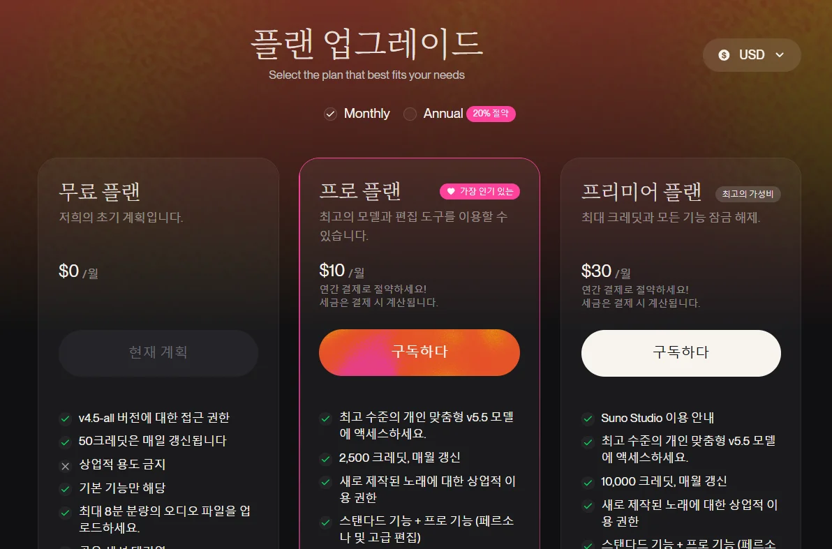 수노 구독료(8월 9일 기준)