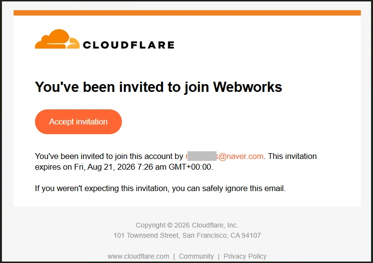 Cloudflare 계정 초대 수락 이메일 화면