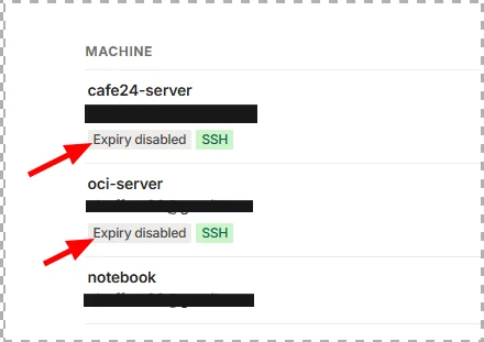 Machines 목록에서 서버 두 대에 "Expiry disabled" 배지가 붙은 화면