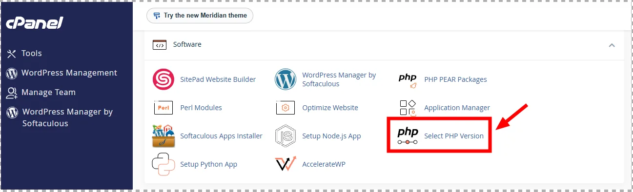 케미클라우드 cPanel Software 메뉴의 Select PHP Version 위치