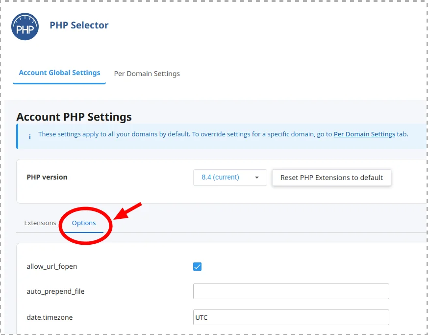 케미클라우드 PHP Selector의 Options 탭 위치